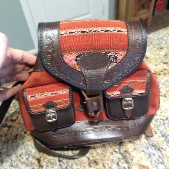 Leather Wool Tweed Suede Artisan Hand Made Red Brown Backpack Bag main image 9